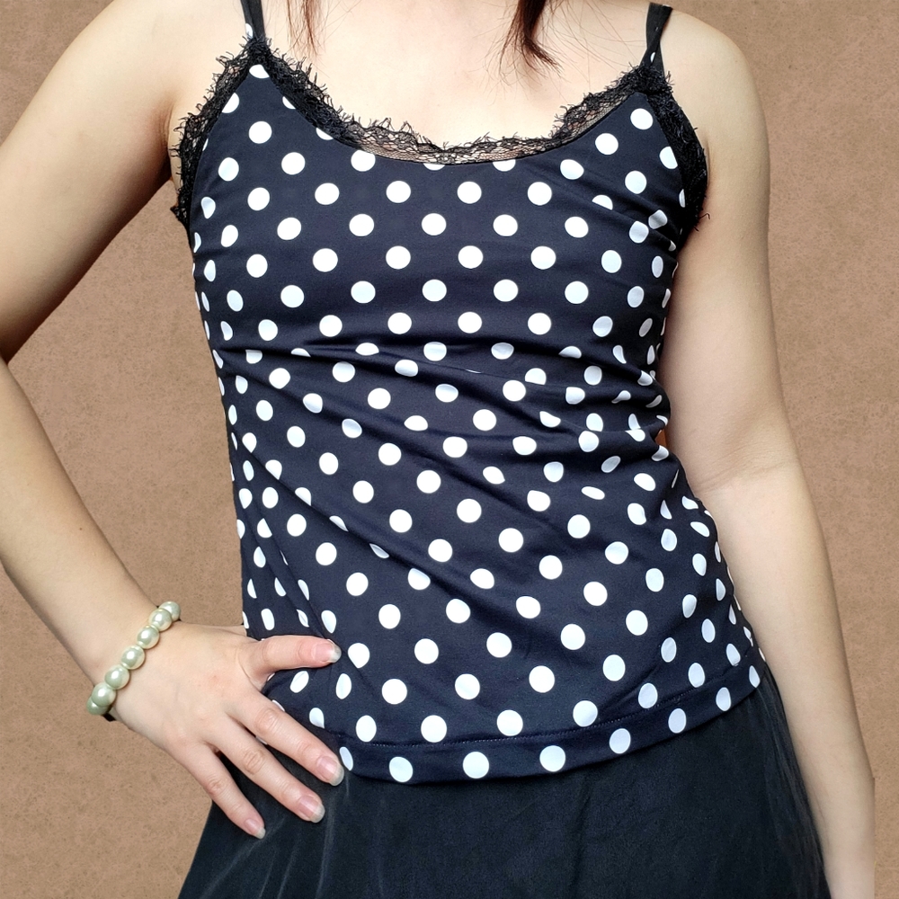 Hand-made ♡ Adorable Polka Dot Tank Top with Lace Detail